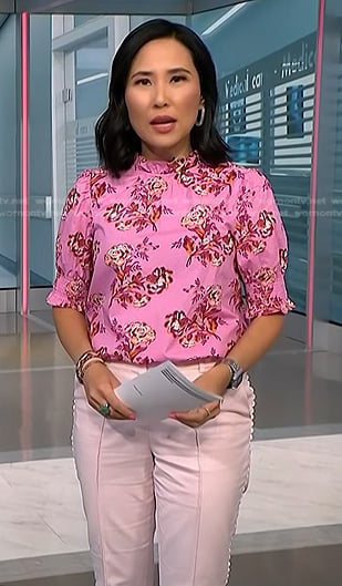Vicky's pink floral blouse and scalloped trim pants on NBC News Daily