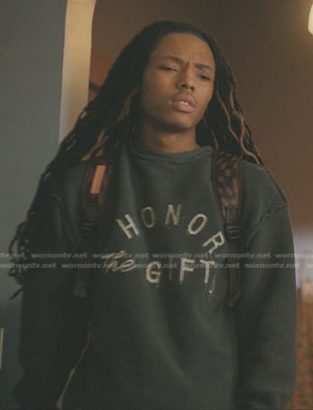 Jake's grey Honor The Gift sweatshirt on The Chi