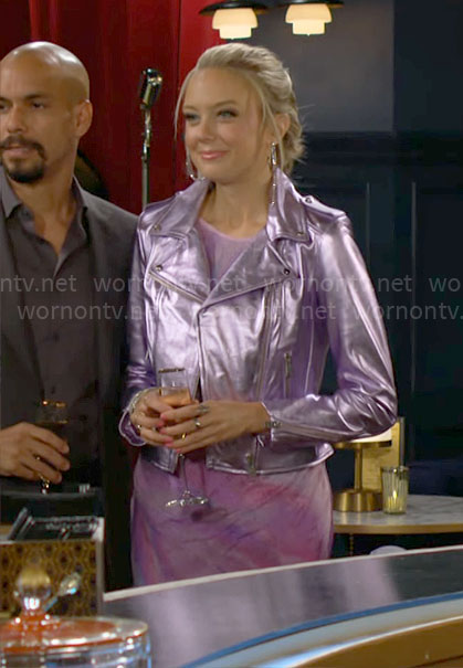 Abby's metallic pink leather moto jacket and tie dye dress on The Young and the Restless
