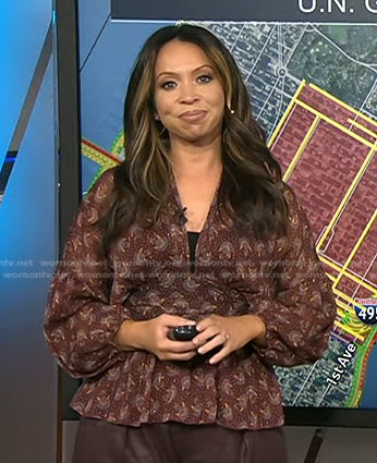Adelle's brown printed wrap blouse on Today