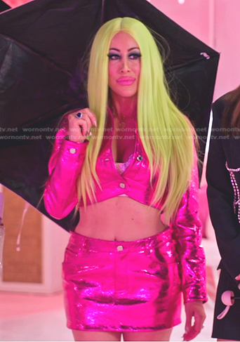 Angie's metallic cropped jacket and mini skirt on The Real Housewives of Salt Lake City