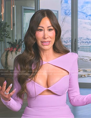 Angie's pink cutout confessional dress on The Real Housewives of Salt Lake City