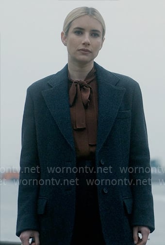 Anna's brown tie-neck blouse and oversized blazer on American Horror Story Delicate