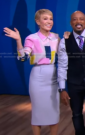 Barbara Corcoran's colorblock blouse and lilac pencil skirt on Good Morning America