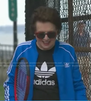 Billie Jean King's black logo tee and blue track jacket on Good Morning America