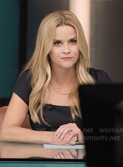Bradley's black square-neckline dress on The Morning Show