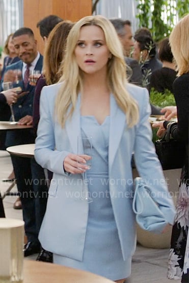 Bradley's blue strapless dress and blazer on The Morning Show