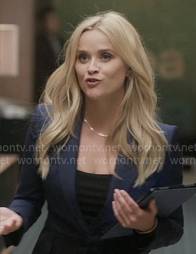 Bradley's navy and black blazer on The Morning Show