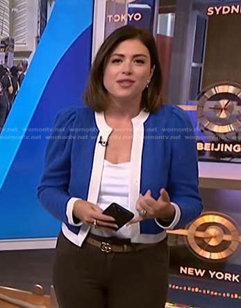 Chloe's blue contrast cardigan on NBC News Daily