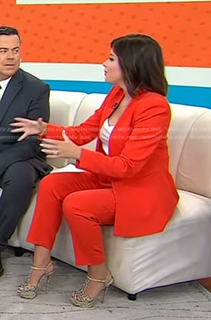 Chloe Mela's red lapelless blazer and pants on Today