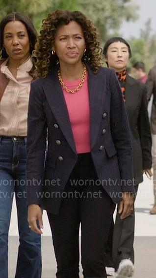 Christina's plaid navy blazer on The Morning Show