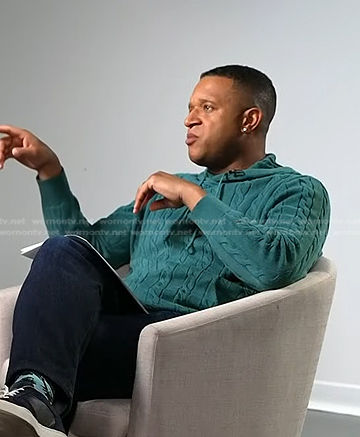 Craig Melvin's teal green cable knit hoodie sweater on Today