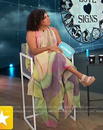 Damona Hoffman's pastel multi-colored maxi dress on Access Hollywood