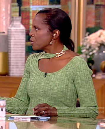 Deborah Roberts green cutout ribbed dress on The View
