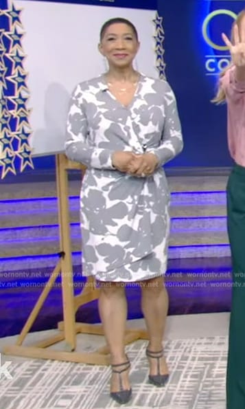 Deja Vu's white and gray floral wrap dress on Live with Kelly and Mark