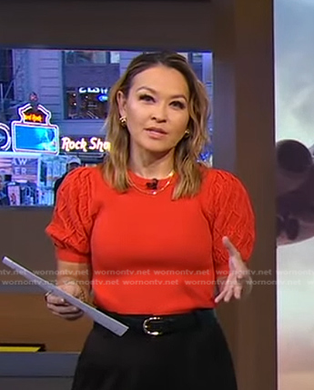 Eva's red puff sleeve sweater on Good Morning America