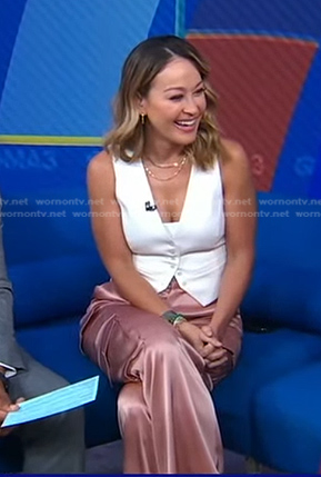 Eva's white vest and pink satin cargo pants on Good Morning America