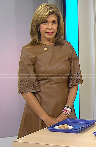 Hoda's brown laser cut sleeve leather dress on Today