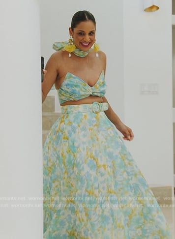 Jessel's blue floral print top and belted skirt on The Real Housewives of New York City