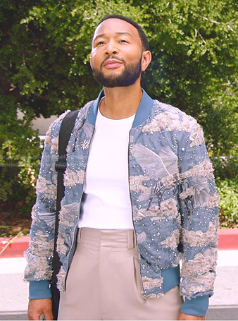 John's blue embellished bomber jacket on The Voice