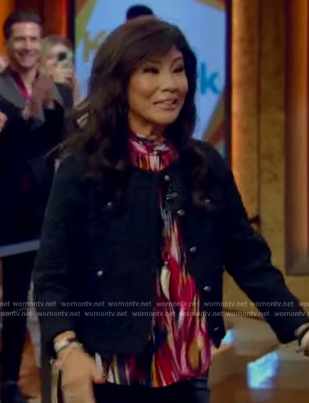 Julie Chen's multi-colored tie neck top on Live with Kelly and Mark