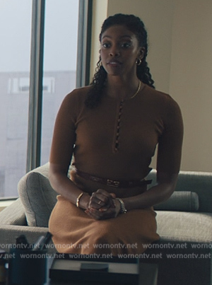 Kate's brown short sleeve sweater dress on Billions
