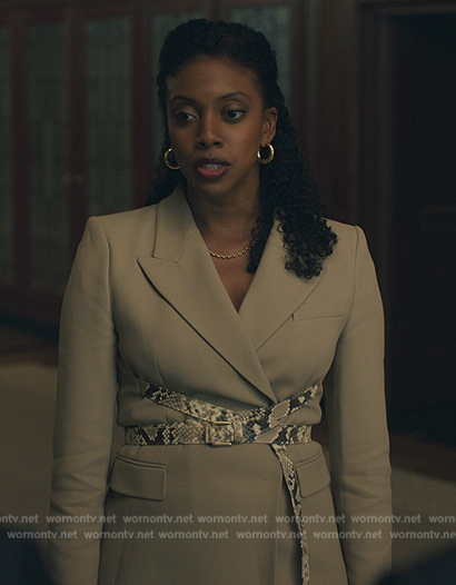 Kate's beige contrast belt blazer on Billions