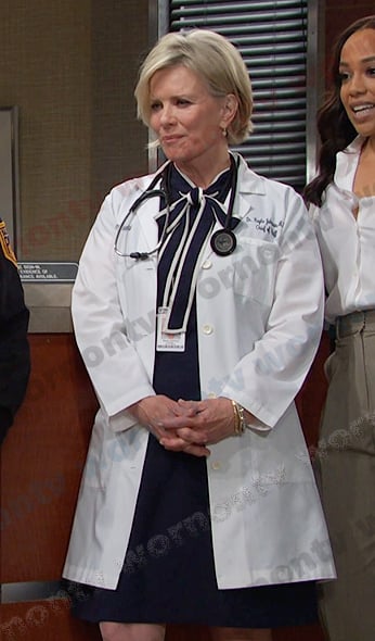 Kayla's navy contrast tie neck dress on Days of our Lives