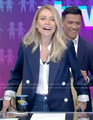 Kelly's navy double breasted blazer on Live with Kelly and Mark