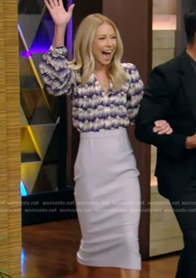 Kelly's printed v-neck blouse on Live with Kelly and Mark