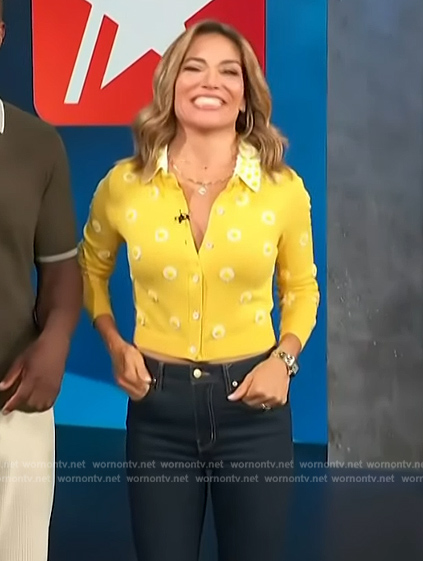 Kit's yellow floral applique cardigan on Access Hollywood
