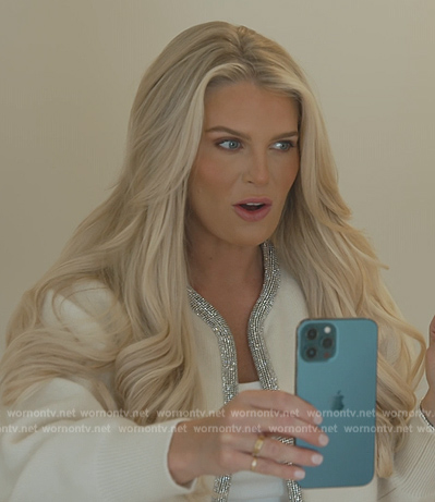 Madison's white metallic trim cardigan on Southern Charm