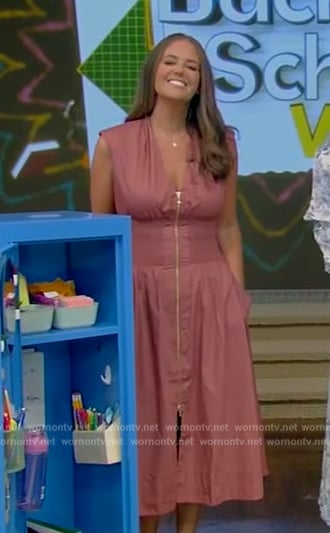 Monica Mangin's red zip front smocked waist dress on Live with Kelly and Mark