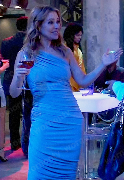Olivia's blue ruched one-shoulder dress on General Hospital
