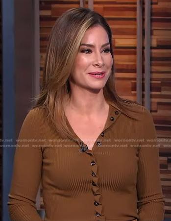 Rebecca's brown ruffle detail cardigan on Good Morning America