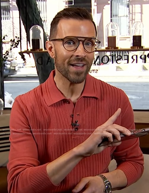 Preston Konrad's red ribbed sweater on Access Hollywood