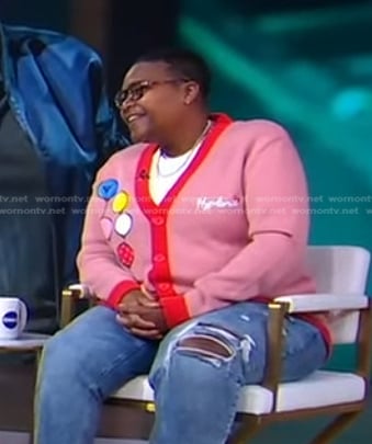 Sam Jay's pink Hello Kitty cardigan on Good Morning America