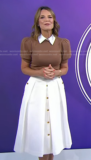 Savannah's brown puff sleeve top and white skirt on Today