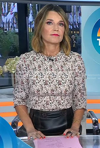 Savannah's ivory floral smocked top and leather skirt on Today