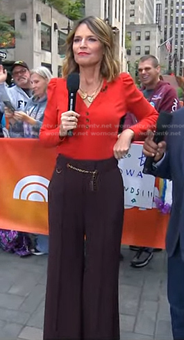 Savannah's red puff sleeve top and brown wide-leg pants on Today