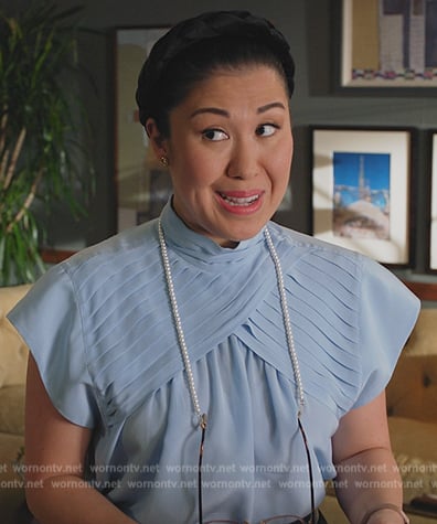 Sherri's blue pleated top on All Rise