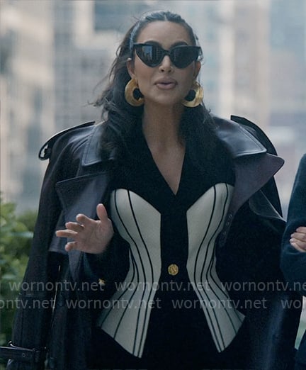 Siobhan's corset blazer, leather trench coat, and cat eye sunglasses on American Horror Story Delicate