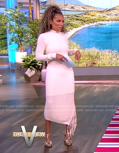 Sunny's white crochet knit fringe dress on The View