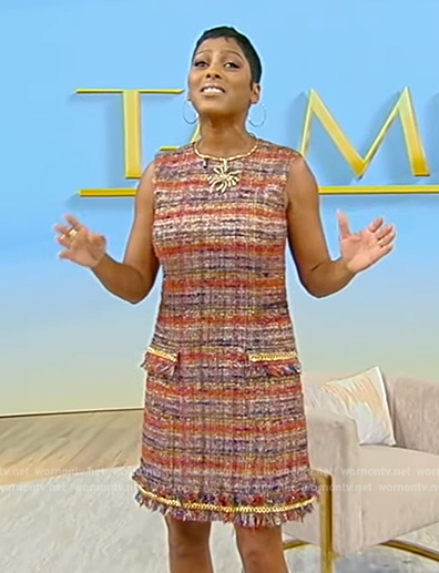 Tamron's tweed sleeveless dress on Tamron Hall Show