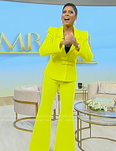 Tamron's yellow belted blazer and pants on Tamron Hall Show
