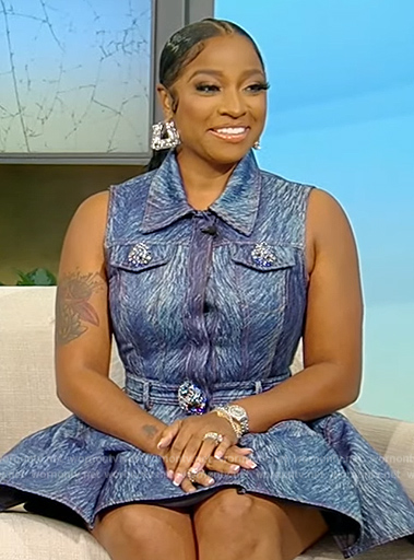 Toya Johnson-Rushing's denim peplum mini dress on Tamron Hall Show