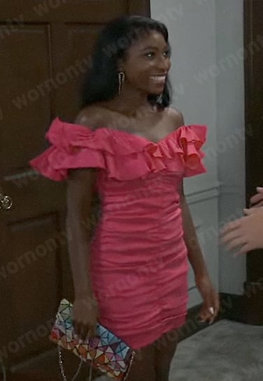 Trina's pink off-shoulder mini dress on General Hospital