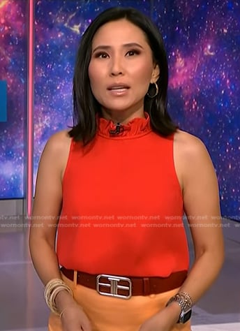 Vicky's red ruffle neck top on NBC News Daily