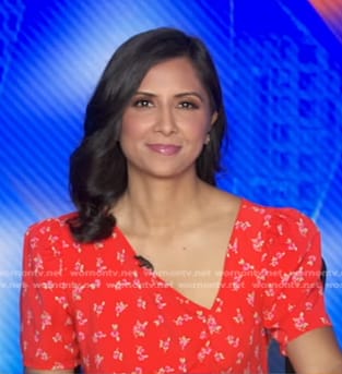 Zohreen Shah's red floral asymmetric neck dress on Good Morning America
