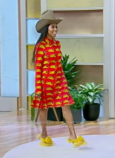 June Ambrose's red duck print top and skirt on Tamron Hall Show